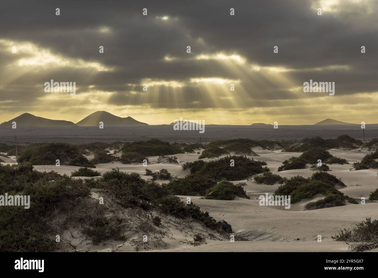 Wide desert landscape with dark clouds and sunbeams breaking through, Canary Islands, Lanzarote, Spain, Europe Stock Photo