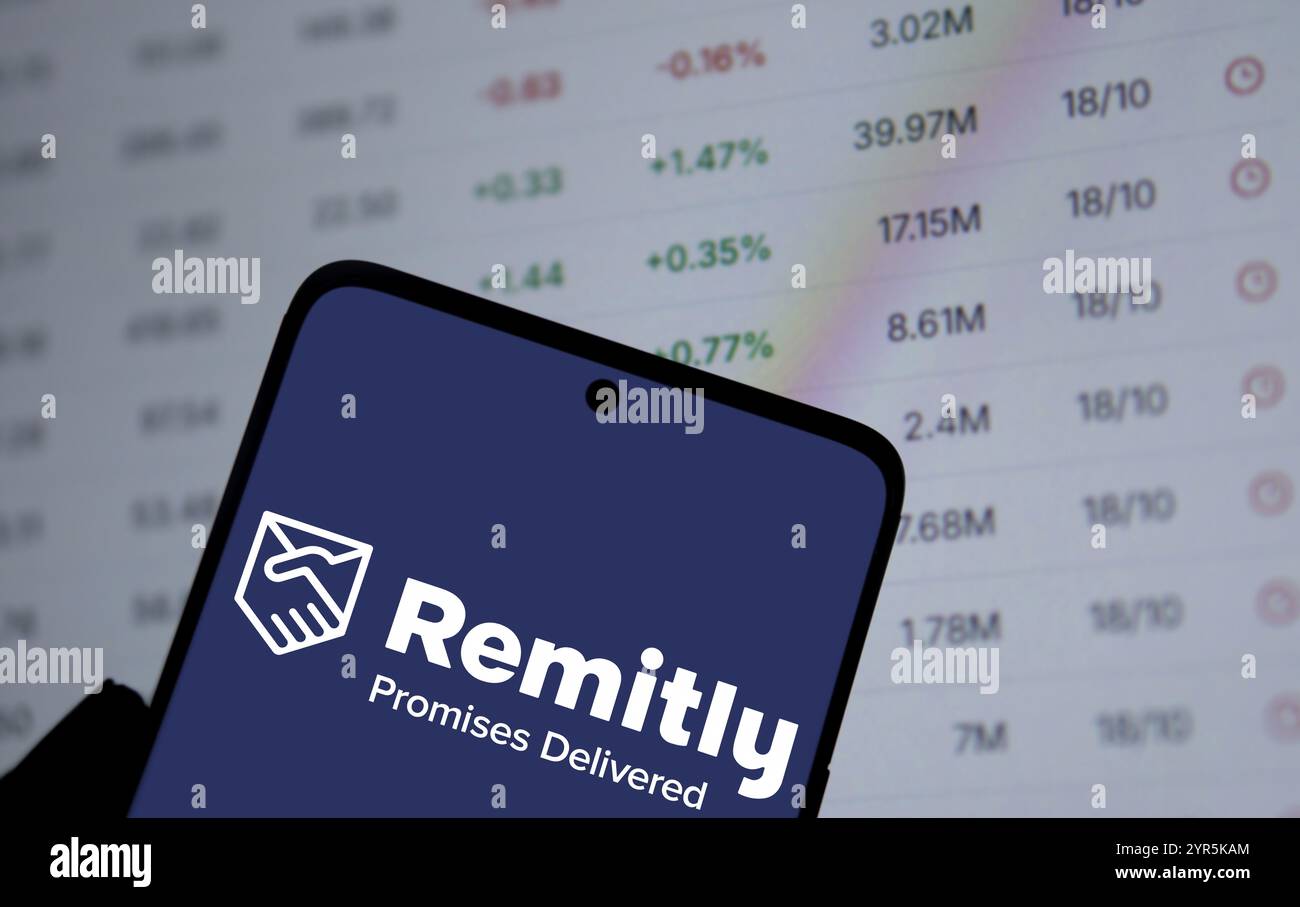 remitly logo is displayed on smartphone. Remitly is an American online remittance platform. Stock Photo