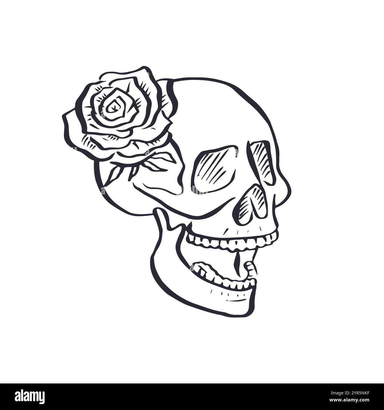 Hand drawn black and white sketchy floral human skull isolated on white ...