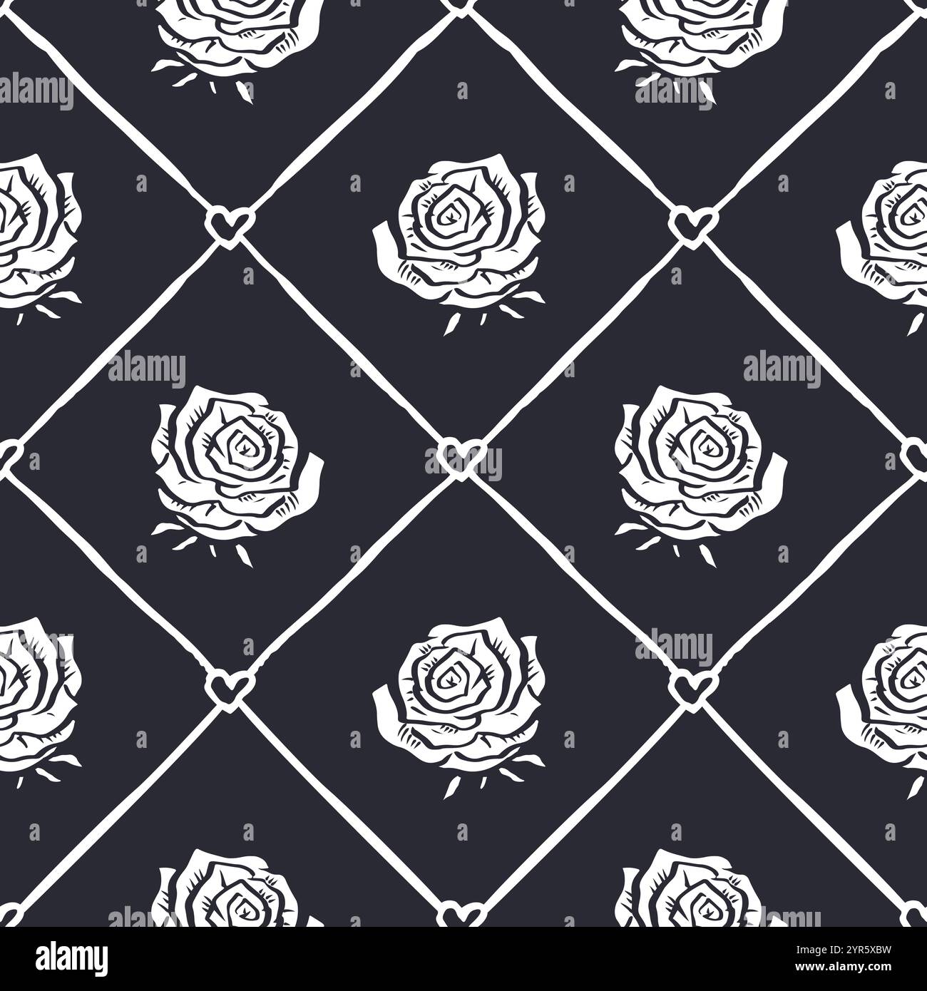 Seamless pattern with hand drawn black and white rose flowers inside ...