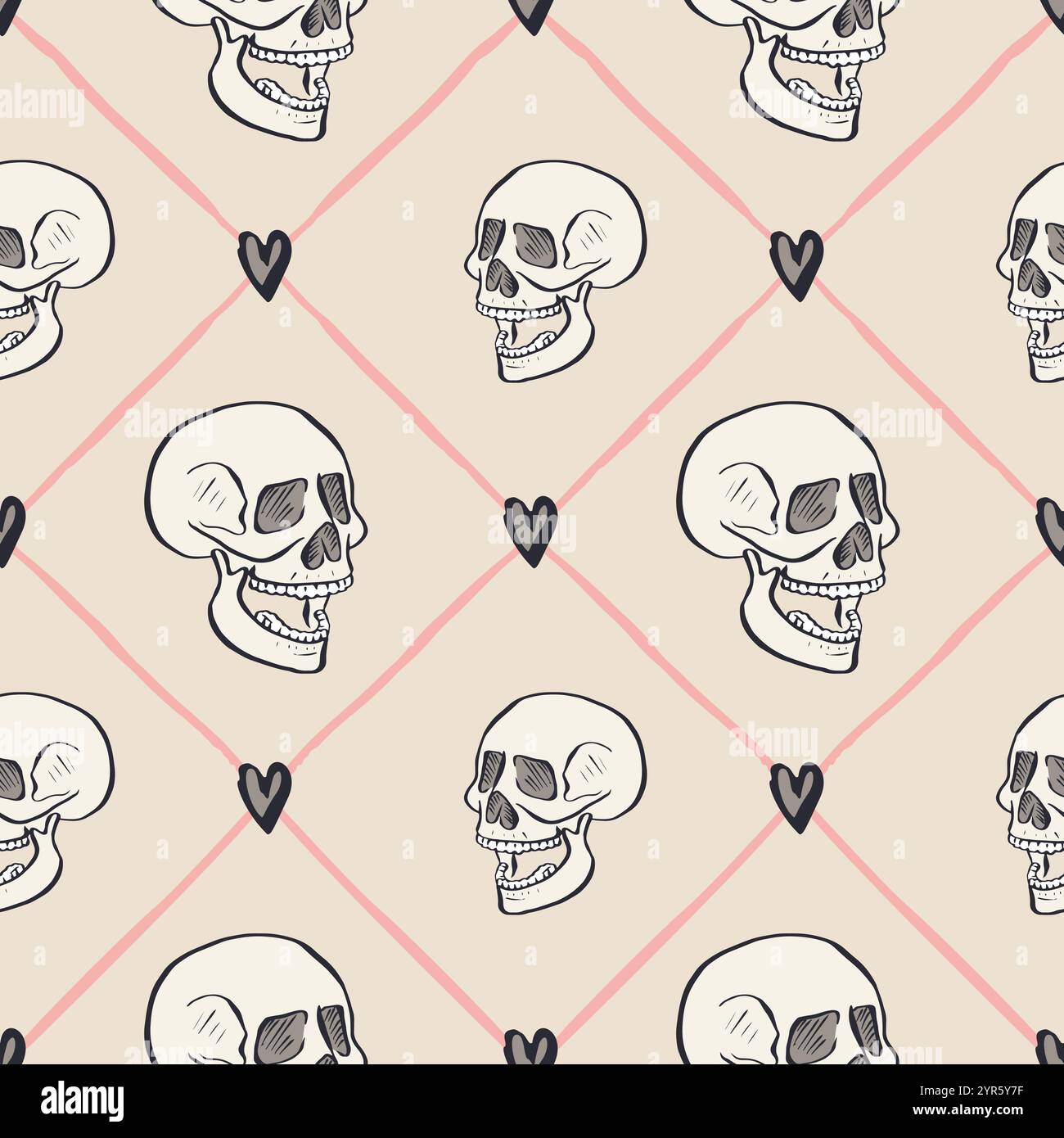 Seamless pattern with hand drawn skulls inside trellis Stock Vector