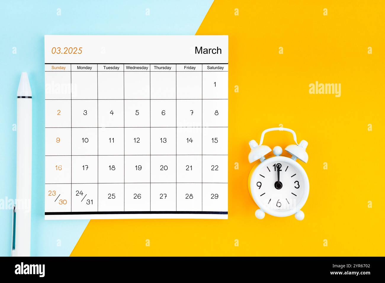 March 2025 Monthly calendar for 2025 year with pen on yellow and blue