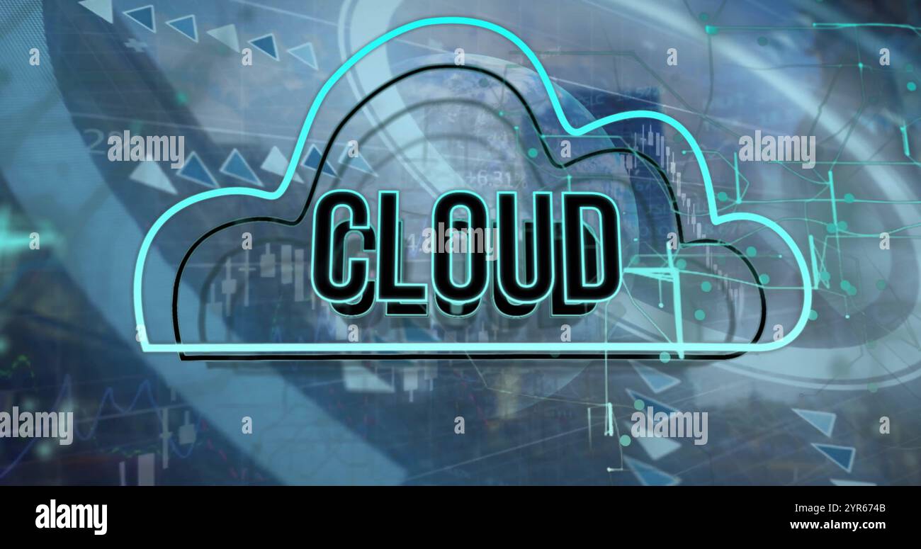 Image of cloud text over globe and financial data processing Stock Photo