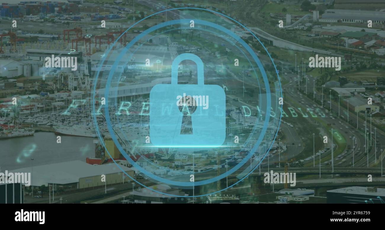 Image of padlock icon over network and data processing over cityscape Stock Photo