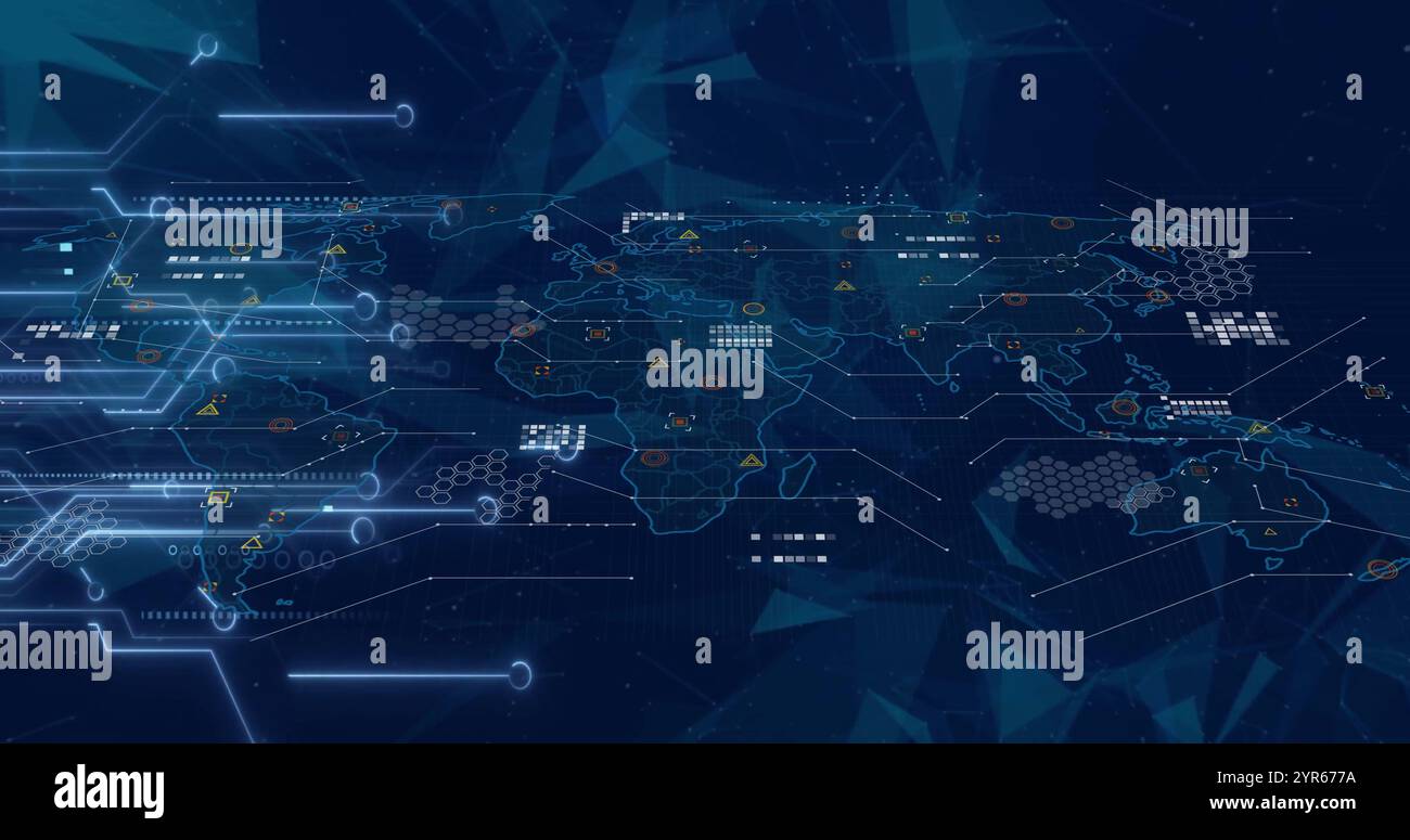 Image of glowing motherboard and processing data over world map on dark ...