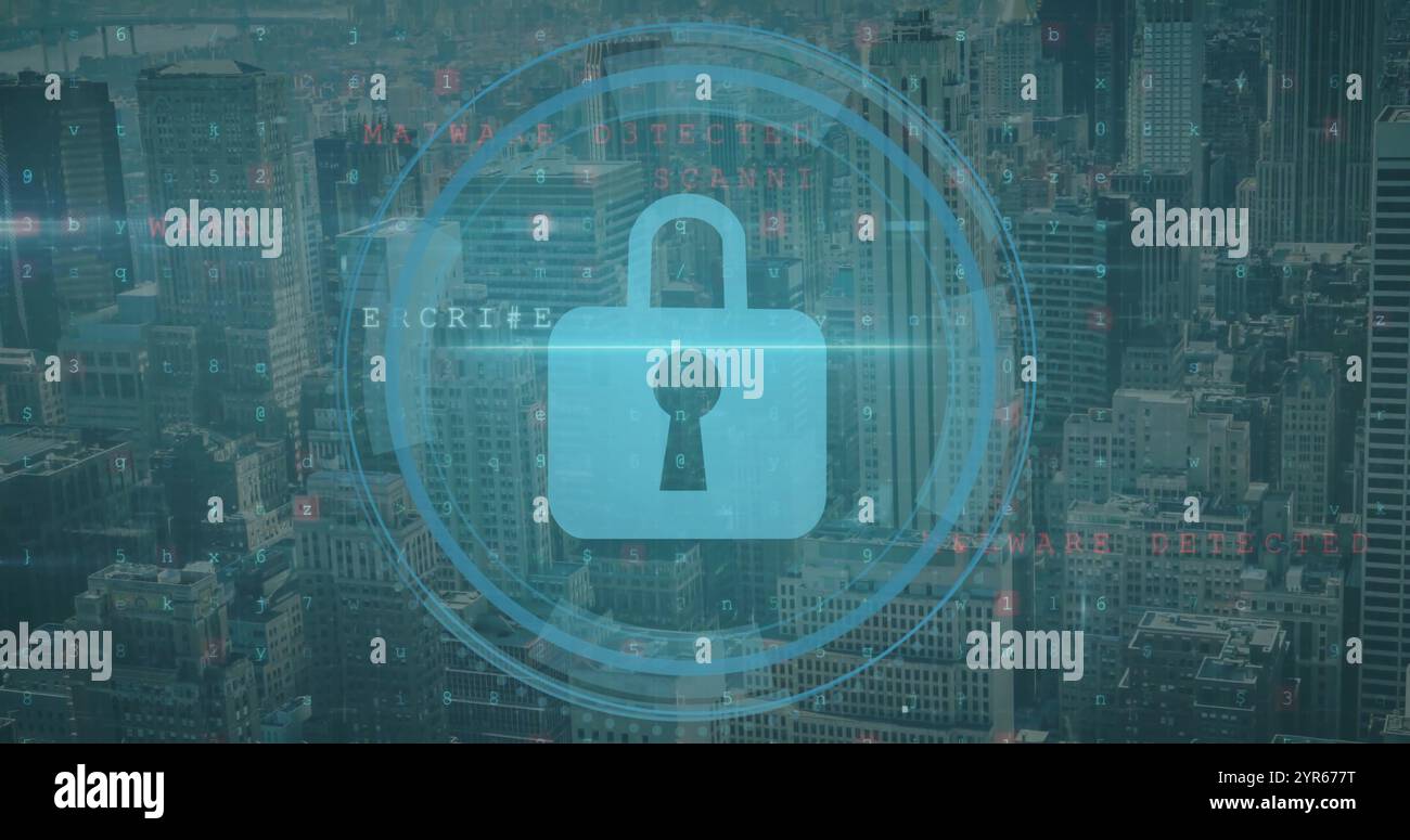 Image of padlock icon over network and data processing over cityscape Stock Photo