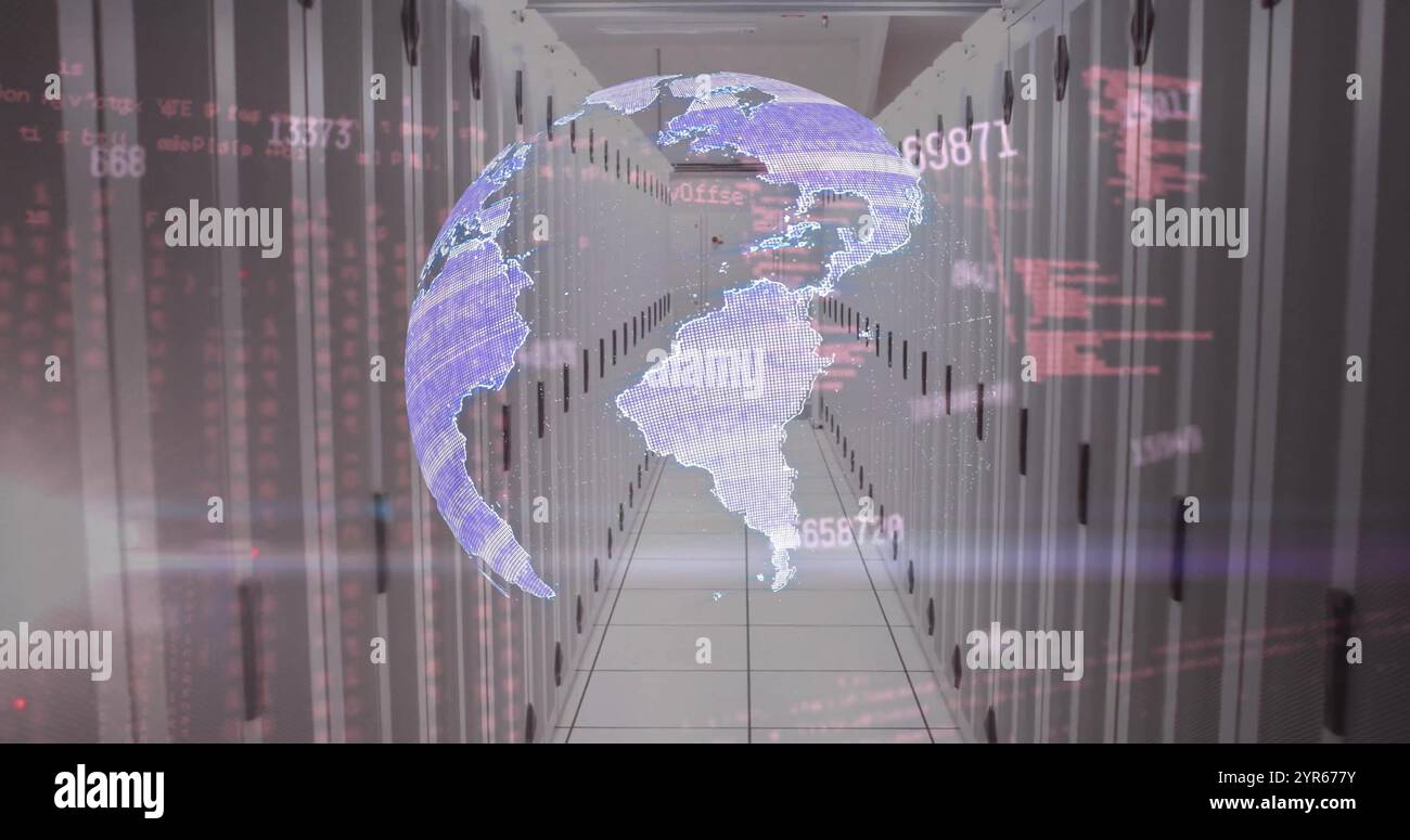 Image of rotating globe and processing data over server room Stock Photo