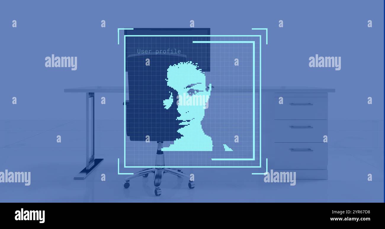 Image of data processing with portraits over desk with computer on blue background Stock Photo