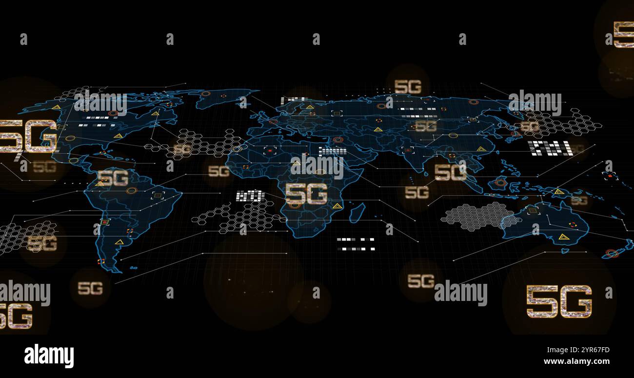 Image of 5g text, digital data processing and world map over black ...