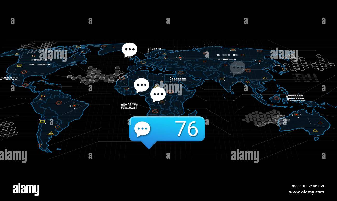 Image of digital data processing and world map over black background ...