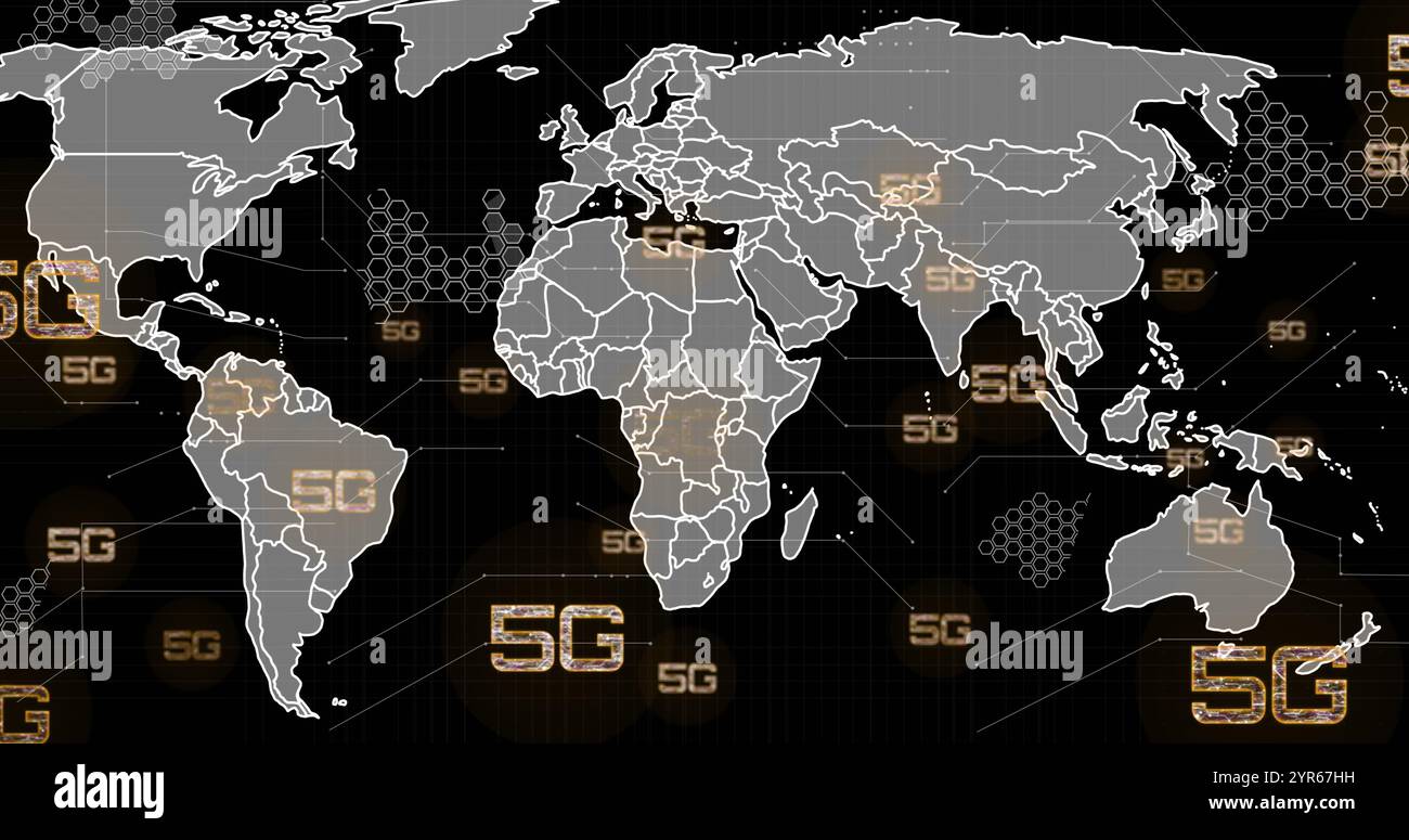 Image of 5g text, digital data processing and world map over black ...