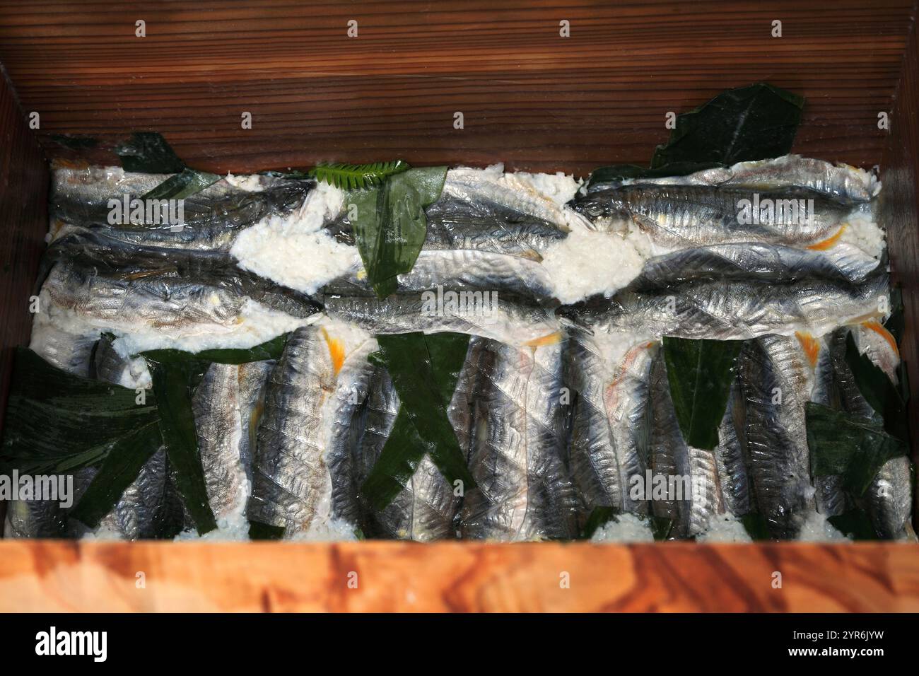 Fermented sushi of sweetfish preserved in the tub Stock Photo