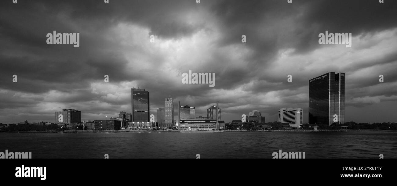 OCTOBER 2021, TOLEDO, OHIO, USA - Storm clouds over International Park, Toledo Skyline, Ohio on Maumee River Stock Photo