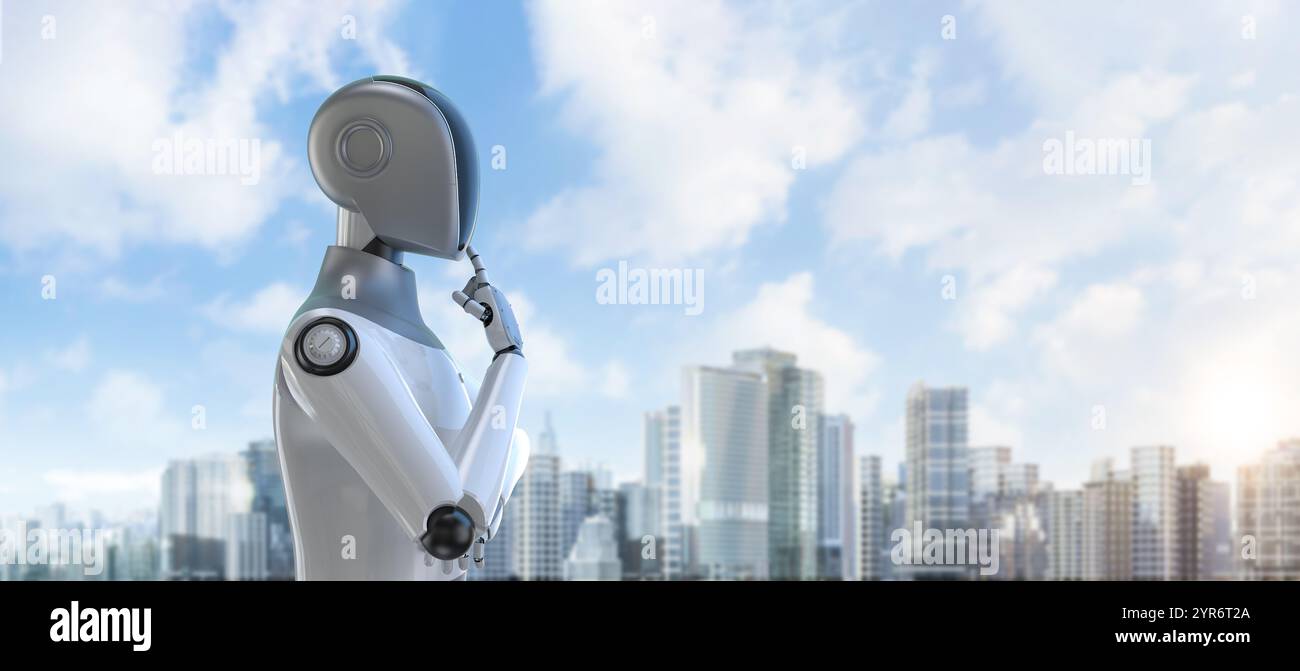 Smart city with 3d rendering ai robot in development city Stock Photo