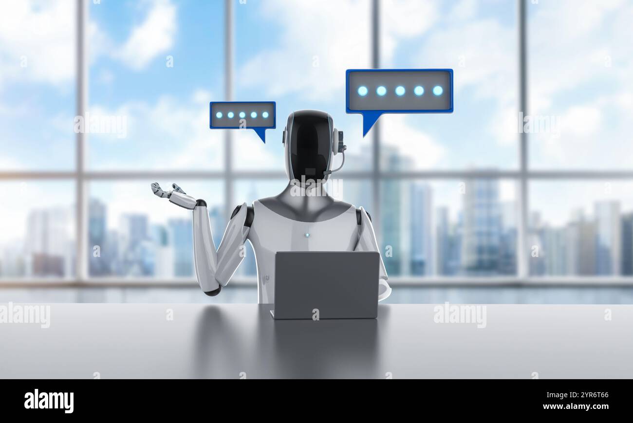 3d rendering ai chatbot or personal assistant robot chat with speech bubble Stock Photo