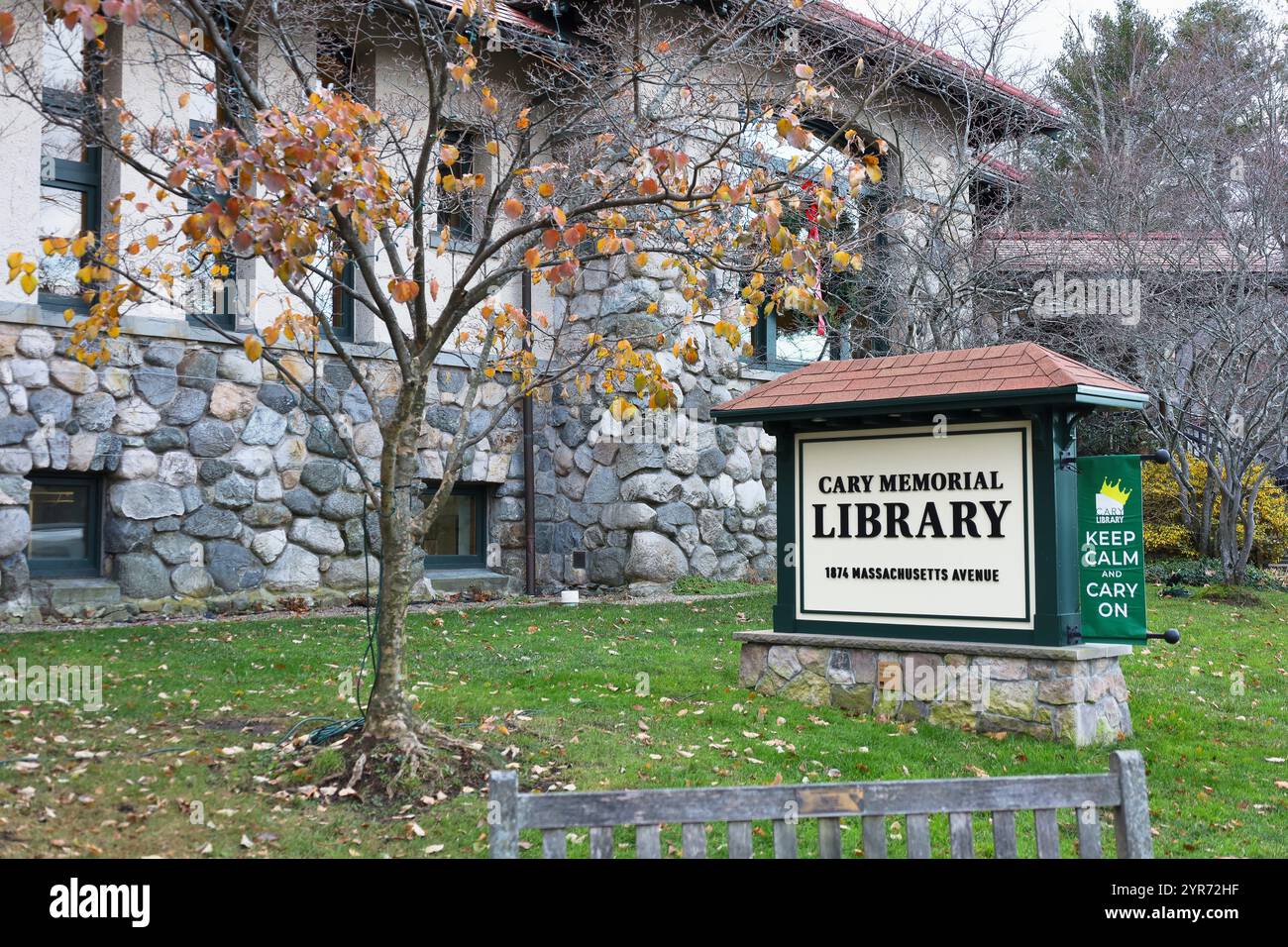 Sign and Cary Memorial Library in Lexington, Massachusetts on November