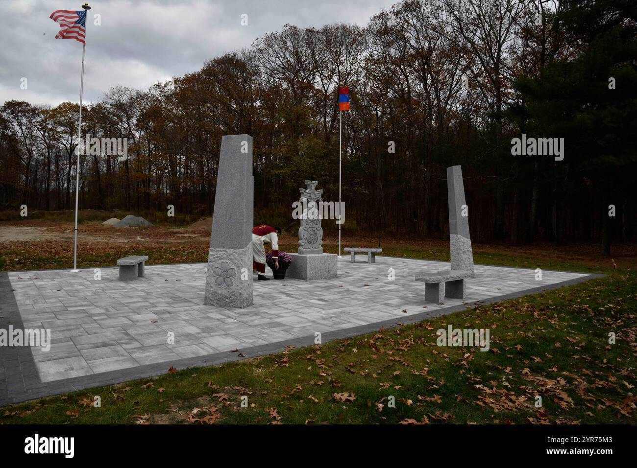 Whitinsville, Massachusetts, USA. 2nd Nov, 2024. Armenian-American from the small village of Whitinsville, Massachusetts, have built a new Armenian Heritage Monument on the ground of Pine Grove Cemetery, the resting place of most of their ancestors, the immigrants who came to America to restart their lives after the long series of massacre and ultimately genocide between 1895 and 1923. Whitinsville and the mill and factory there provided shelter and jobs for several immigrant populations. The construction of the monument has international implications standing in stark contrast to the effo Stock Photo