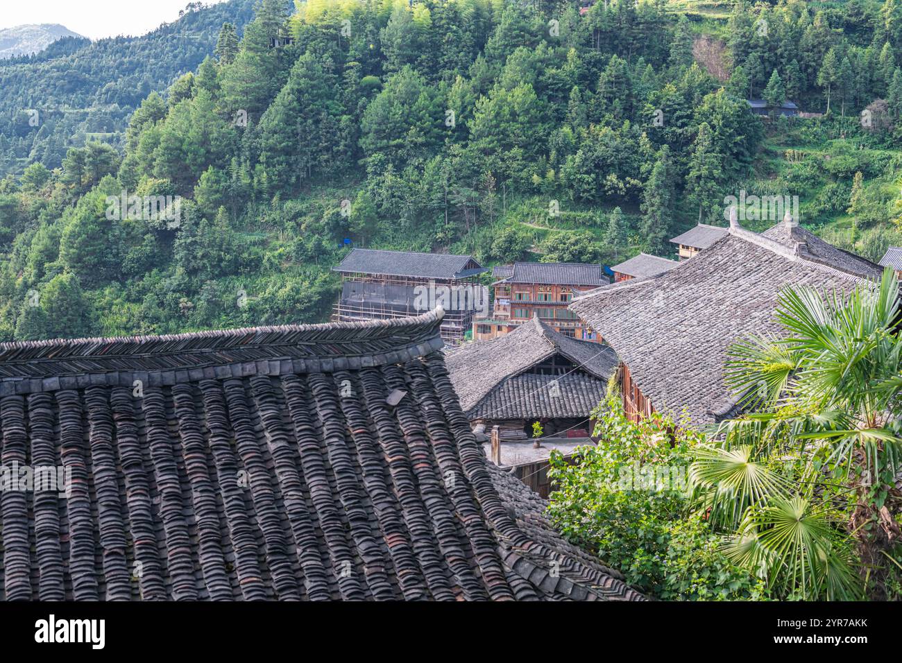 Aerial view of ancient remote village in Guizhou, China, background ...