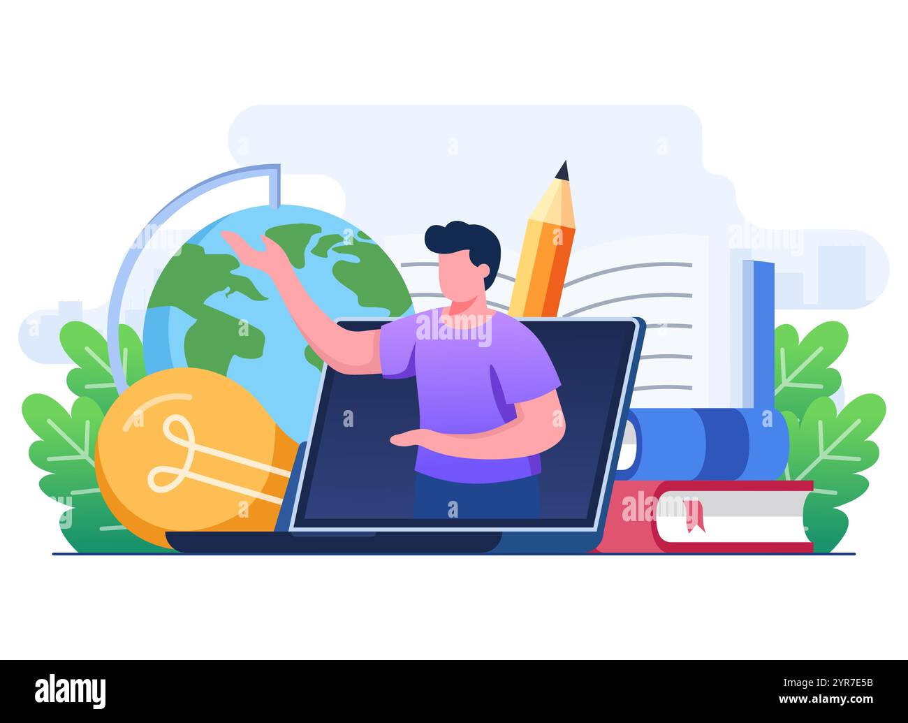Male teacher teaching on computer screen flat vector illustration ...