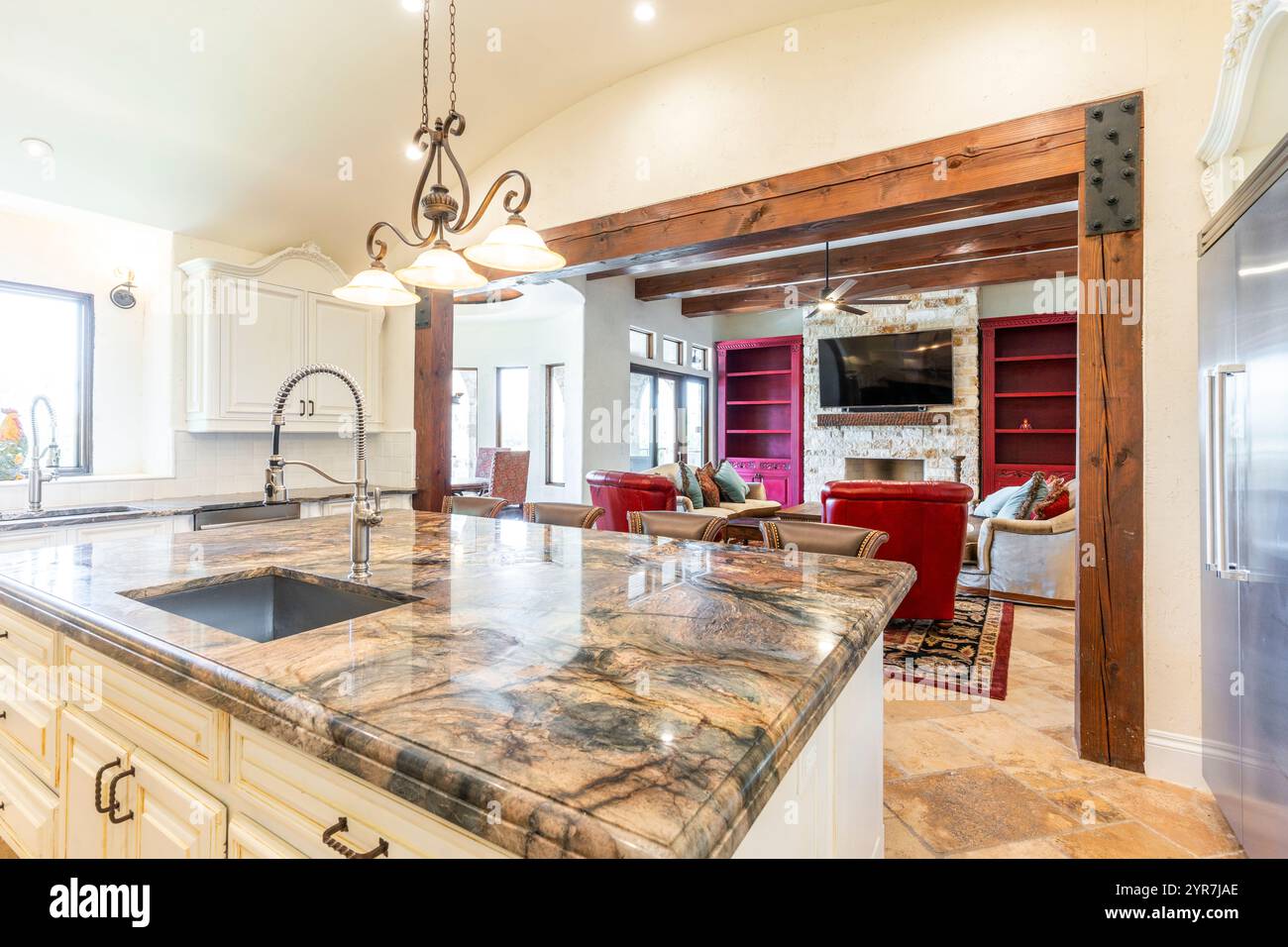 Elegant kitchen and living room interior with modern design and rustic ...