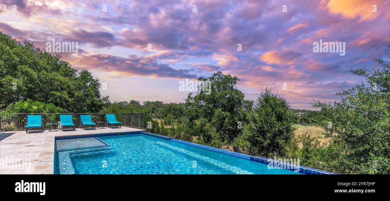 Relaxing evening by the pool with stunning sunset backdrop in Texas ...