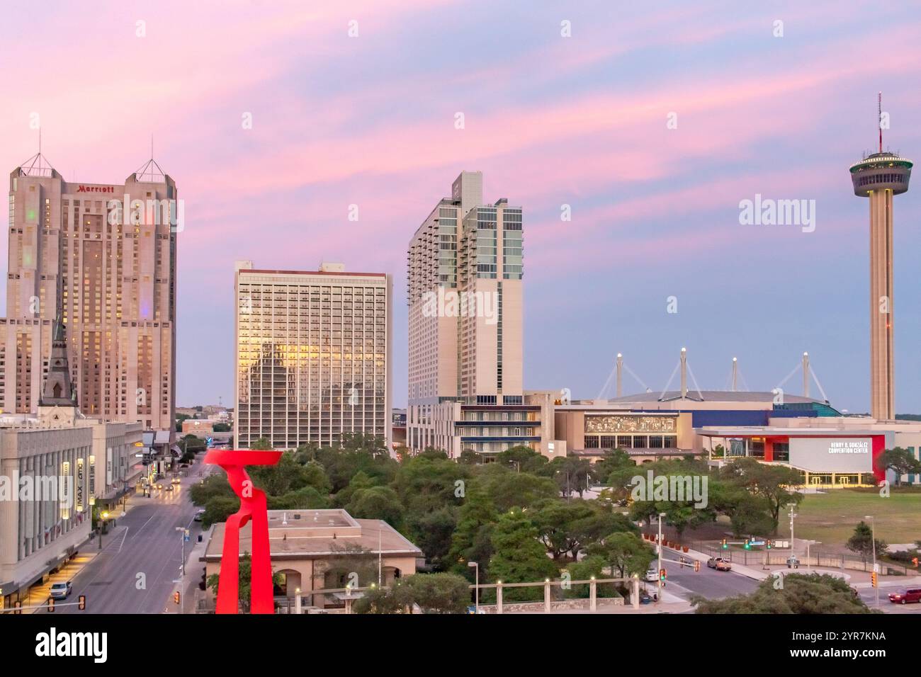 Downtown San Antonio City Skyline building skyline during a pink sunset Stock Photo