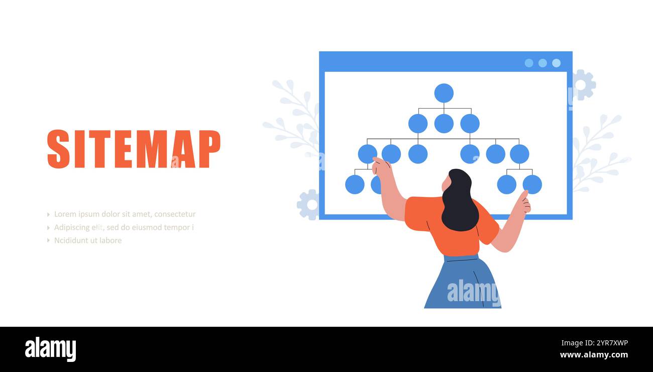 Sitemap Creation process. Online software and web page structure. Female Developer organizes site architecture. Vector illustration Stock Vector