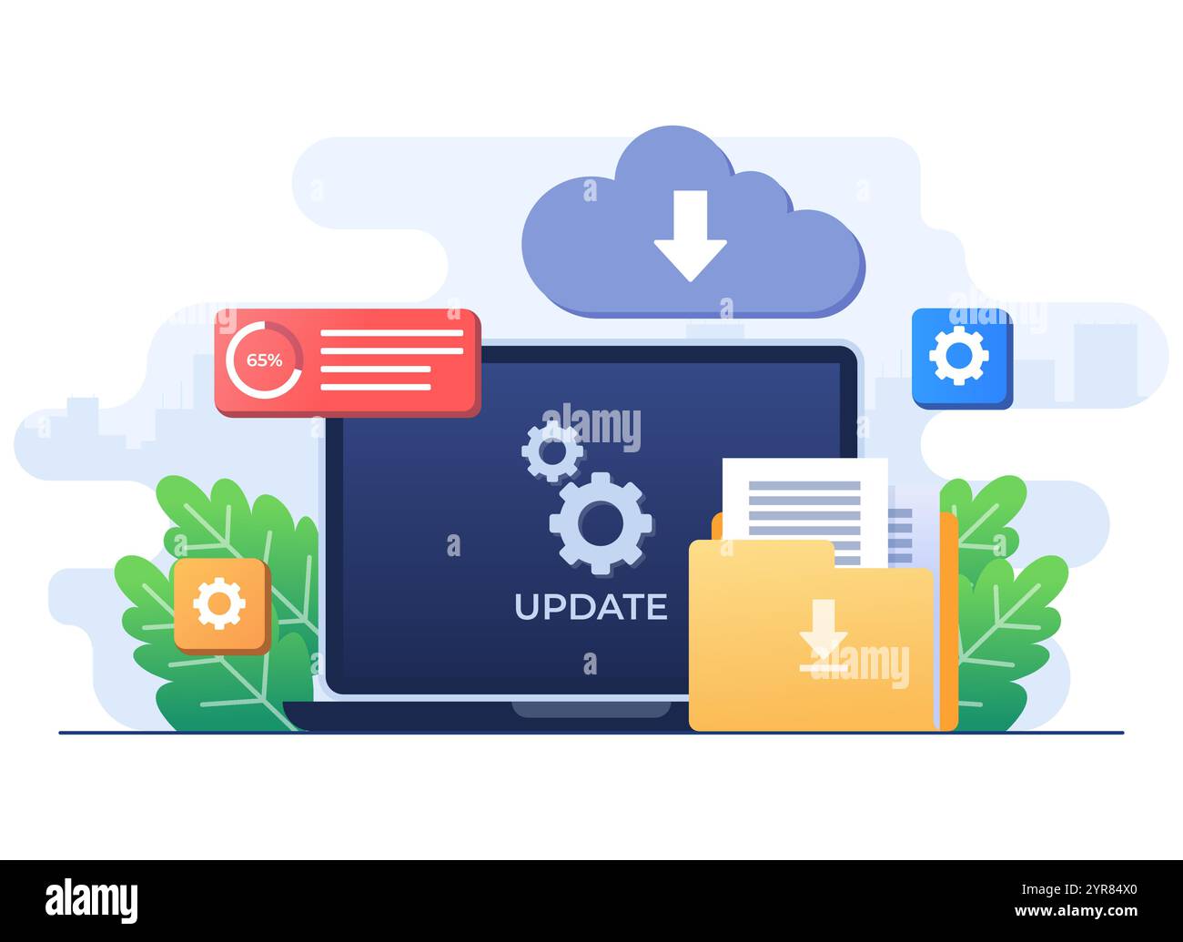 Upgrading operating system flat illustration, System update, System maintenance, Update program and application, Error fixing, troubleshooting, Device Stock Vector