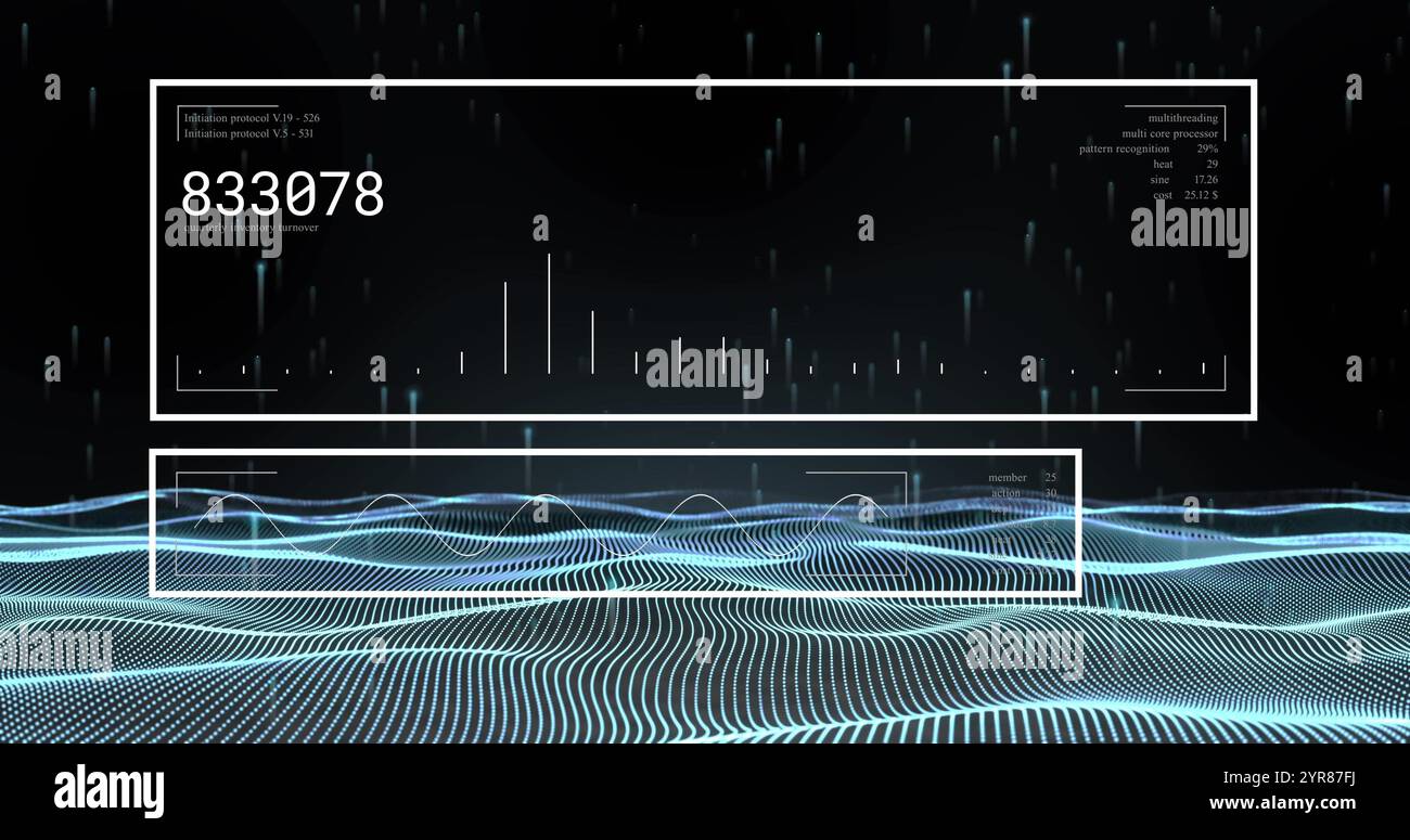 Digital data processing image over abstract landscape with numerical ...
