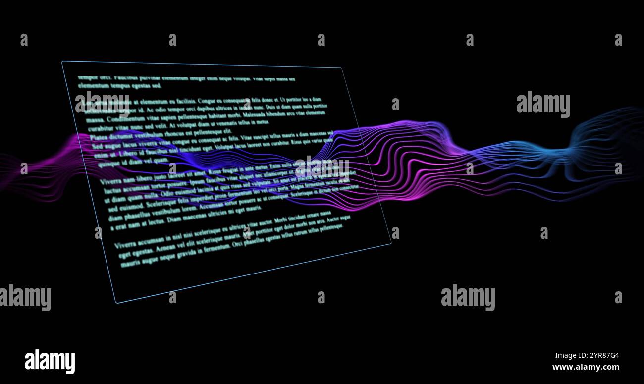 Text image over flowing neon waves on black background Stock Photo