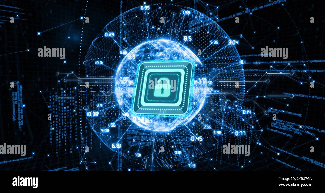 Cybersecurity lock icon with data processing image over digital code background Stock Photo