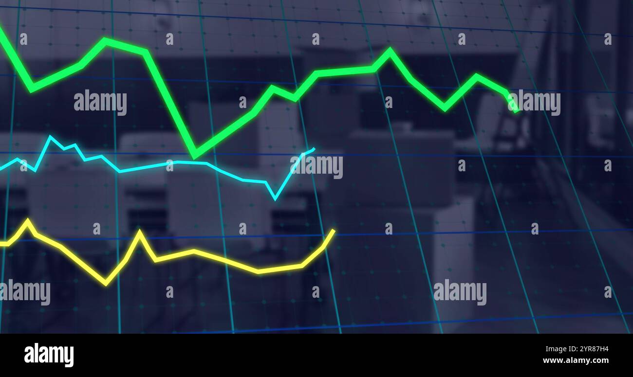 Image of data processing and diagrams over office Stock Photo - Alamy