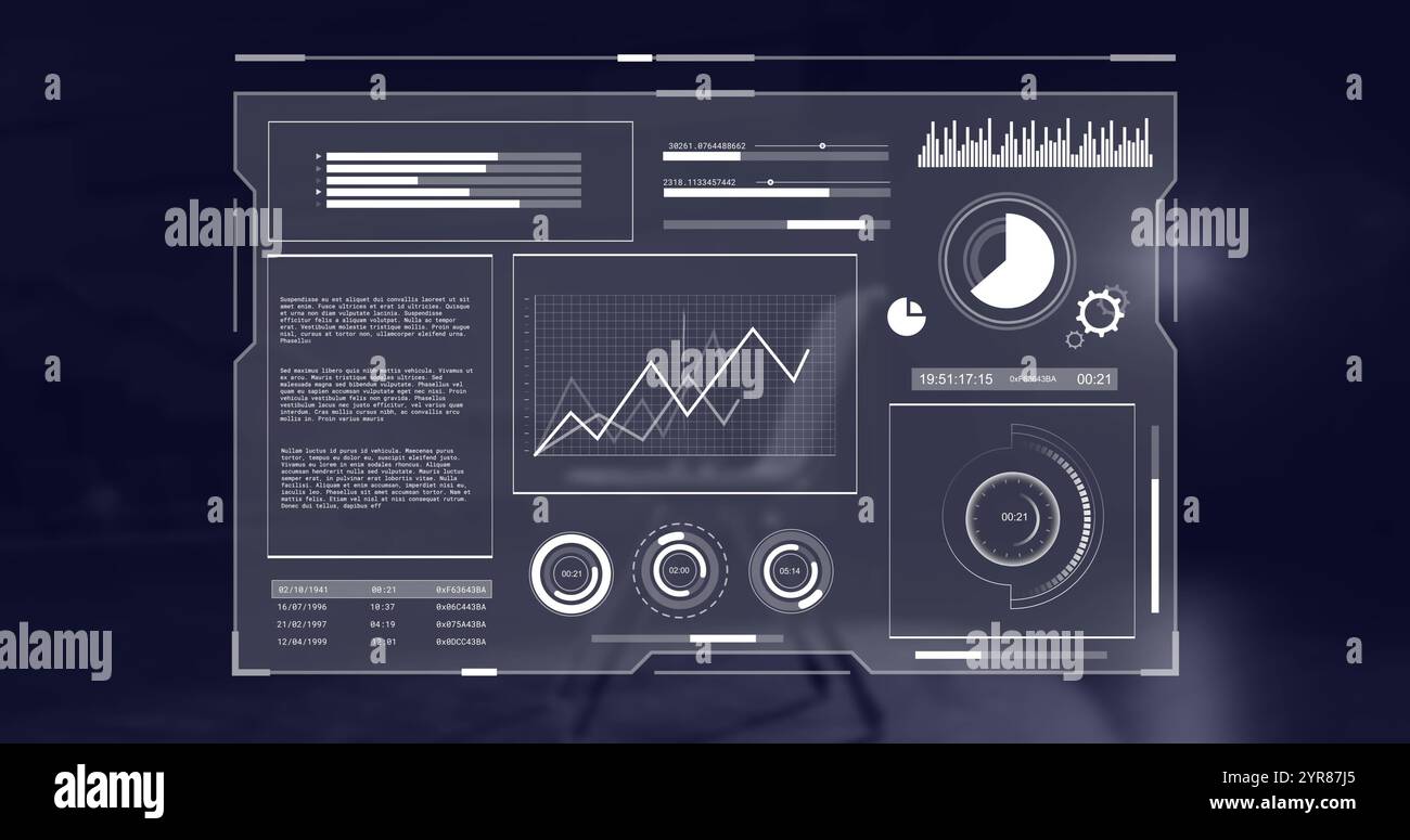 Image of data processing and globe over chair Stock Photo
