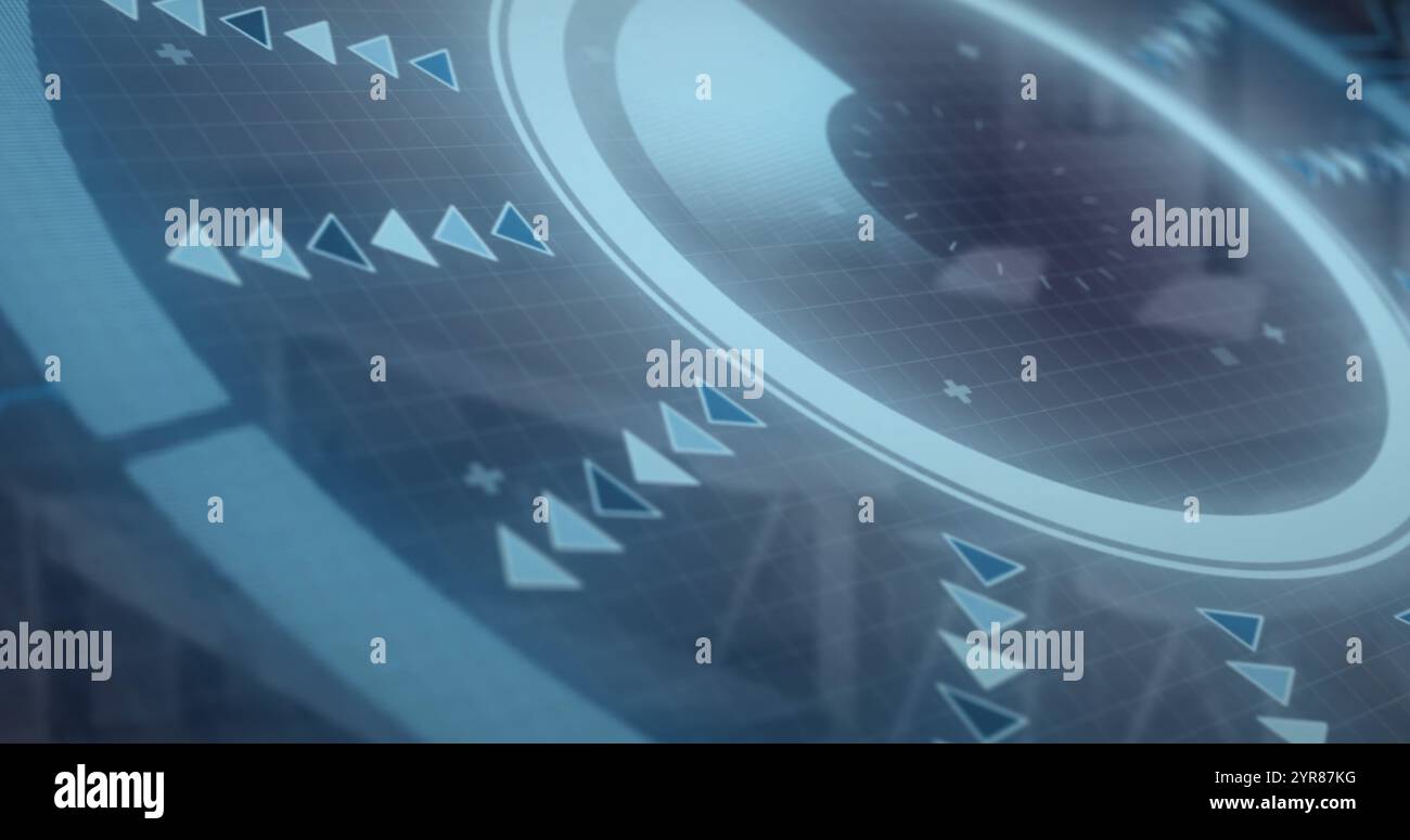 Image of data processing and scope scanning over office Stock Photo