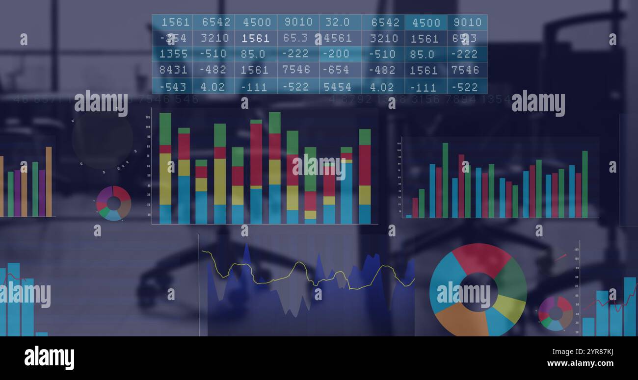 Image of data processing and diagrams over office Stock Photo - Alamy