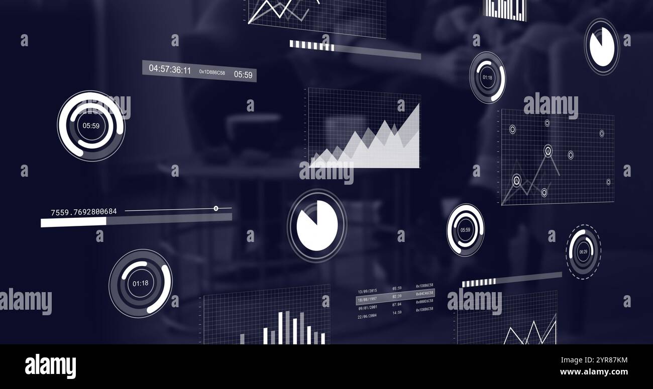 Image of data processing and diagrams over office Stock Photo - Alamy