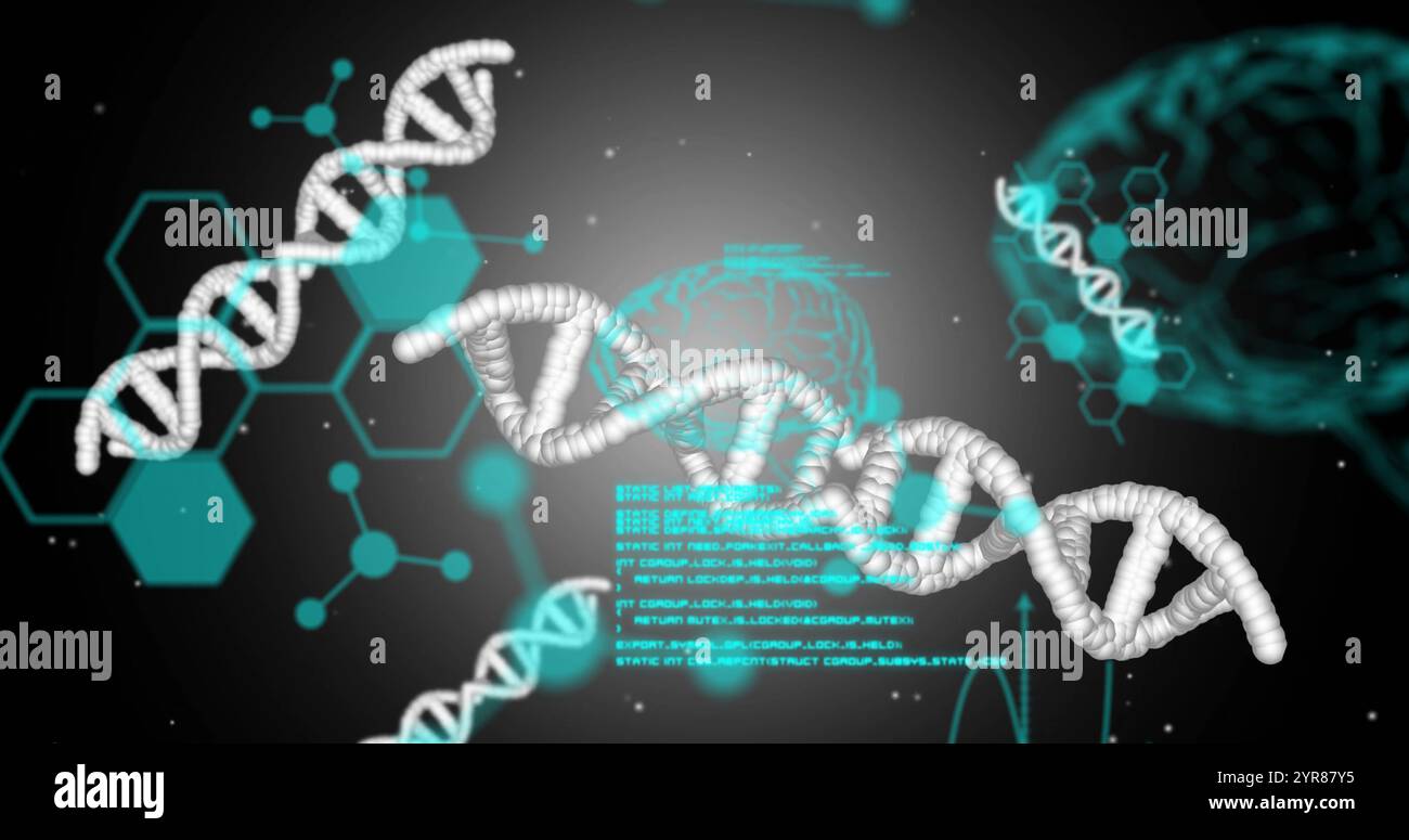 Image of elements, brains, dna strands and data processing on dark background Stock Photo