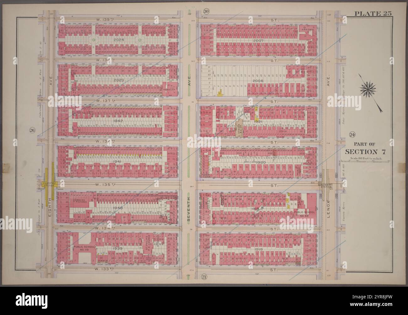 Bounded by W. 139th Street, Lenox Avenue, W. 133rd Street and Eighth Avenue, Plate 25, Part of Section 7 1914 by Bromley, George Washington Stock Photo