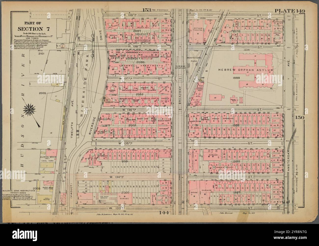 Bounded by W. 139th Street, Amsterdam Avenue, W. 133rd Street and (Hudson River, Riverside Park) Riverside Drive, Plate 149, Part of Section 7 1925 Stock Photo