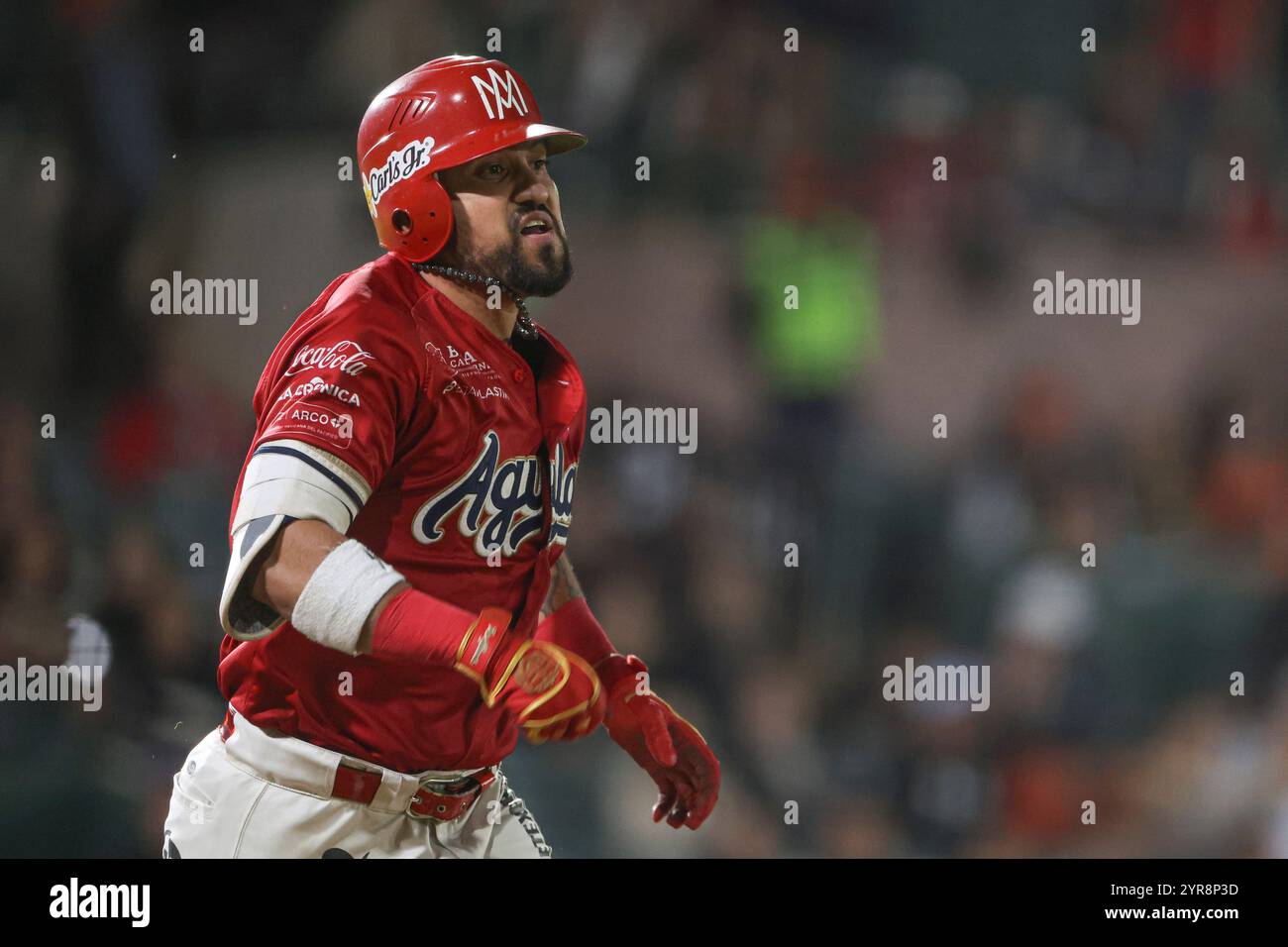 HERMOSILLO, MEXICO - NOVEMBER 29: Norberto Obeso of the Mexicali Eagles runs to first base in the third inning, during a Liga Arco Mexicana del Pacifico game between Aguilas and Naranjeros at estadio Fernando Valenzuela on November 29, 2024 in Hermosillo, Mexico.  (Photo by Luis Gutierrez/Norte Photo) Stock Photo