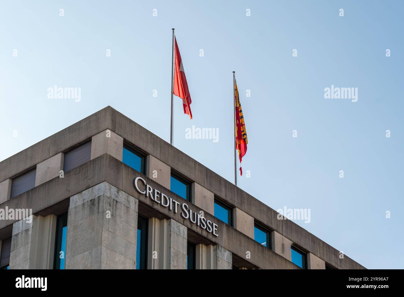 Facade of a building of Credit Suisse Group AG, a former Swiss banking group, acquired in 2023 and merged with UBS, Geneva, Switzerland Stock Photo