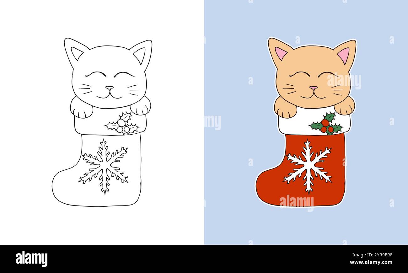 Cute doodle Christmas Kitten line art coloring page Stock Vector