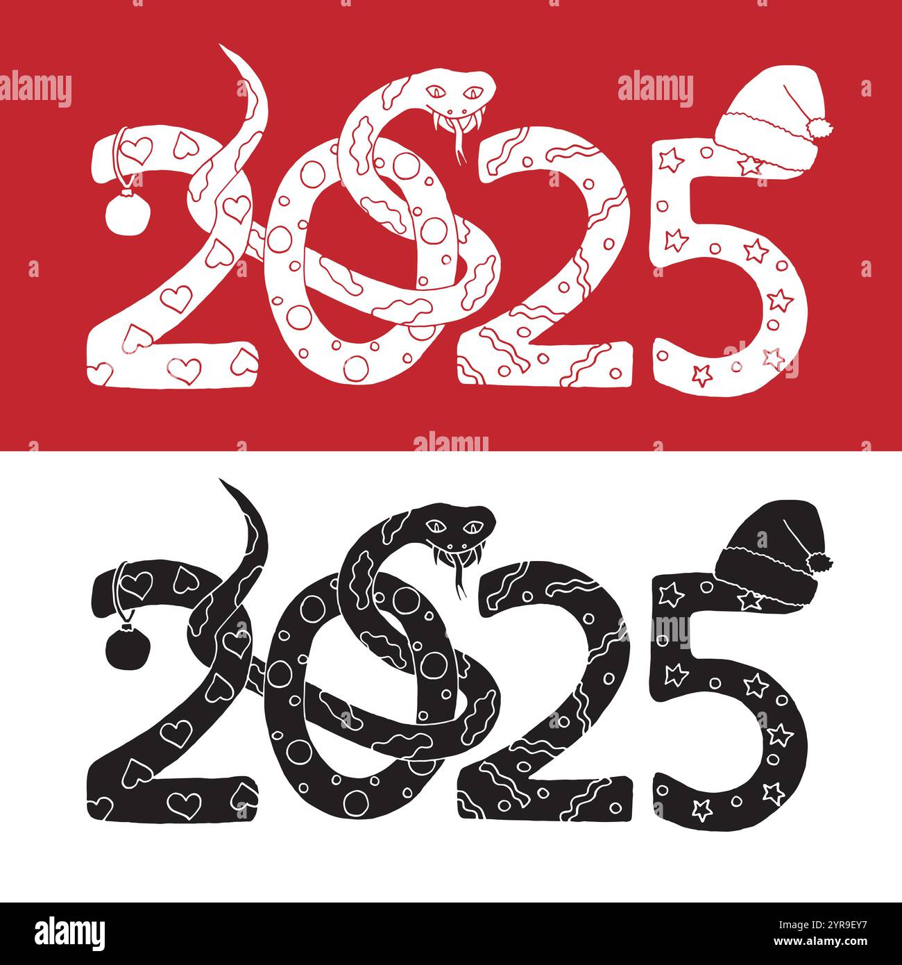 Happy chinese New Year 2025. Year of snake doodle style white and black art Stock Vector