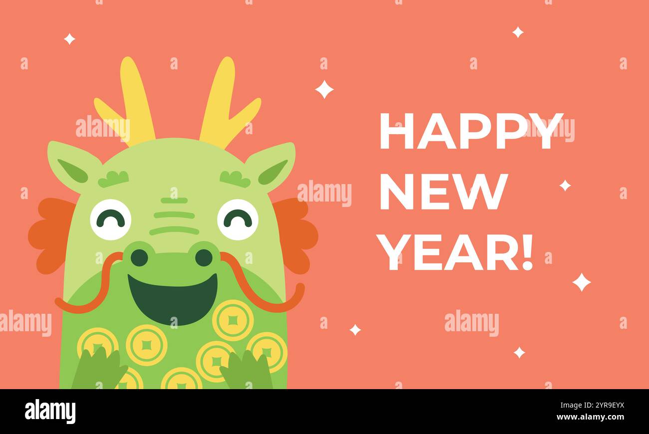 Happy new year greeting card with happy cute Chinese dragon Stock ...