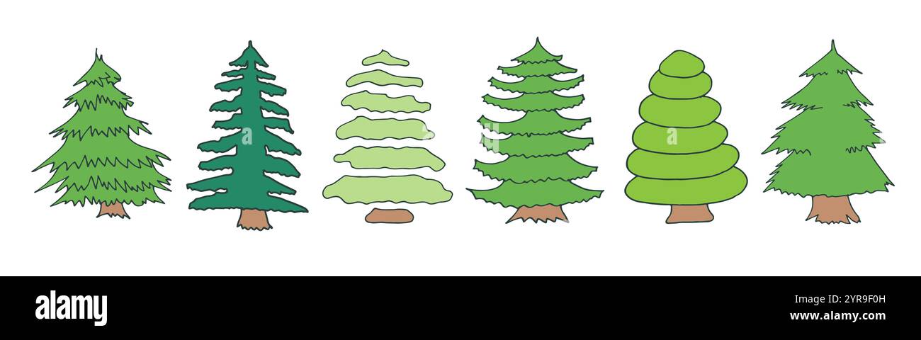 Christmas tree green doodle icon collection. Stock Vector