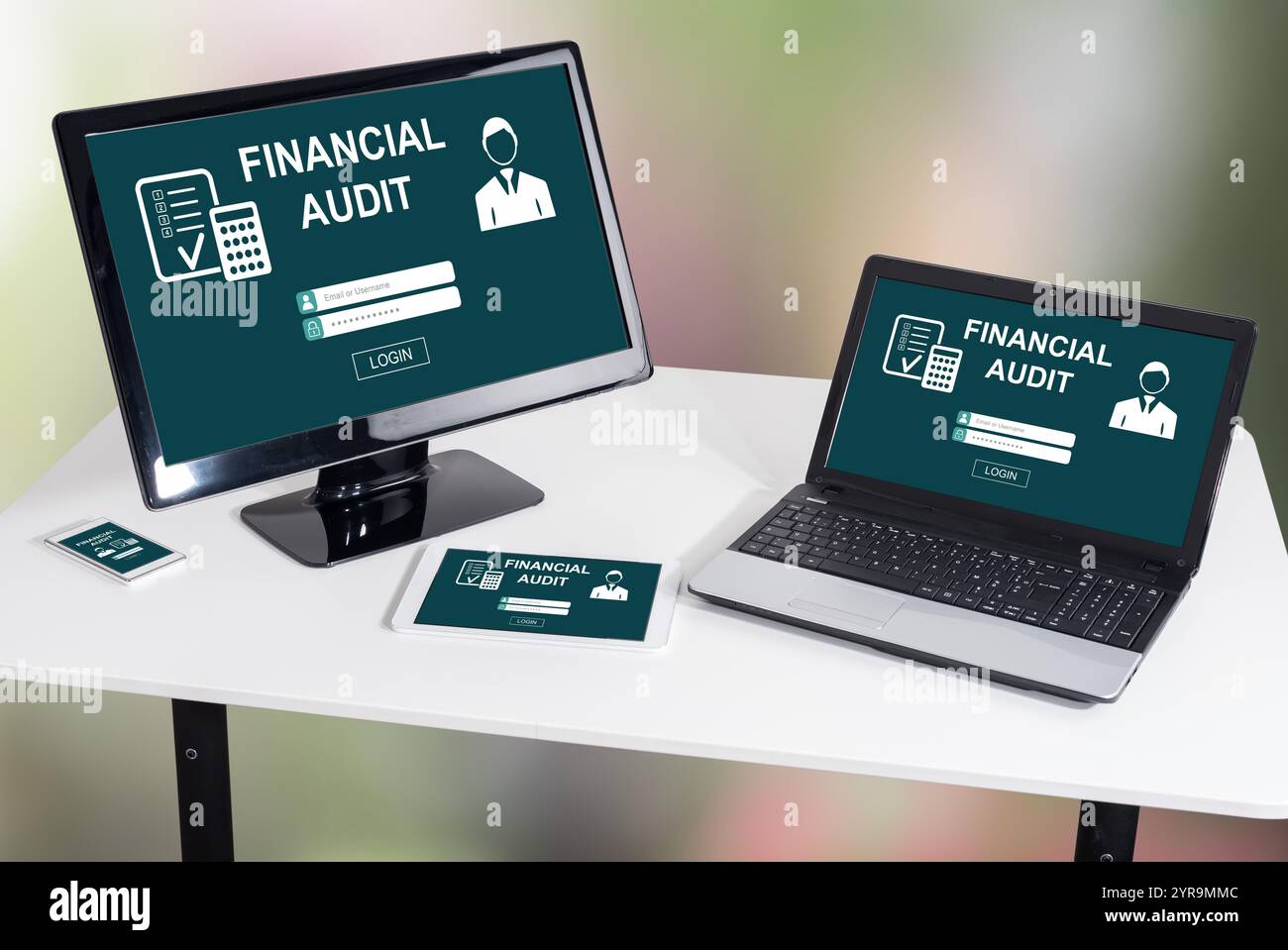 Financial audit concept shown on different information technology devices Stock Photo