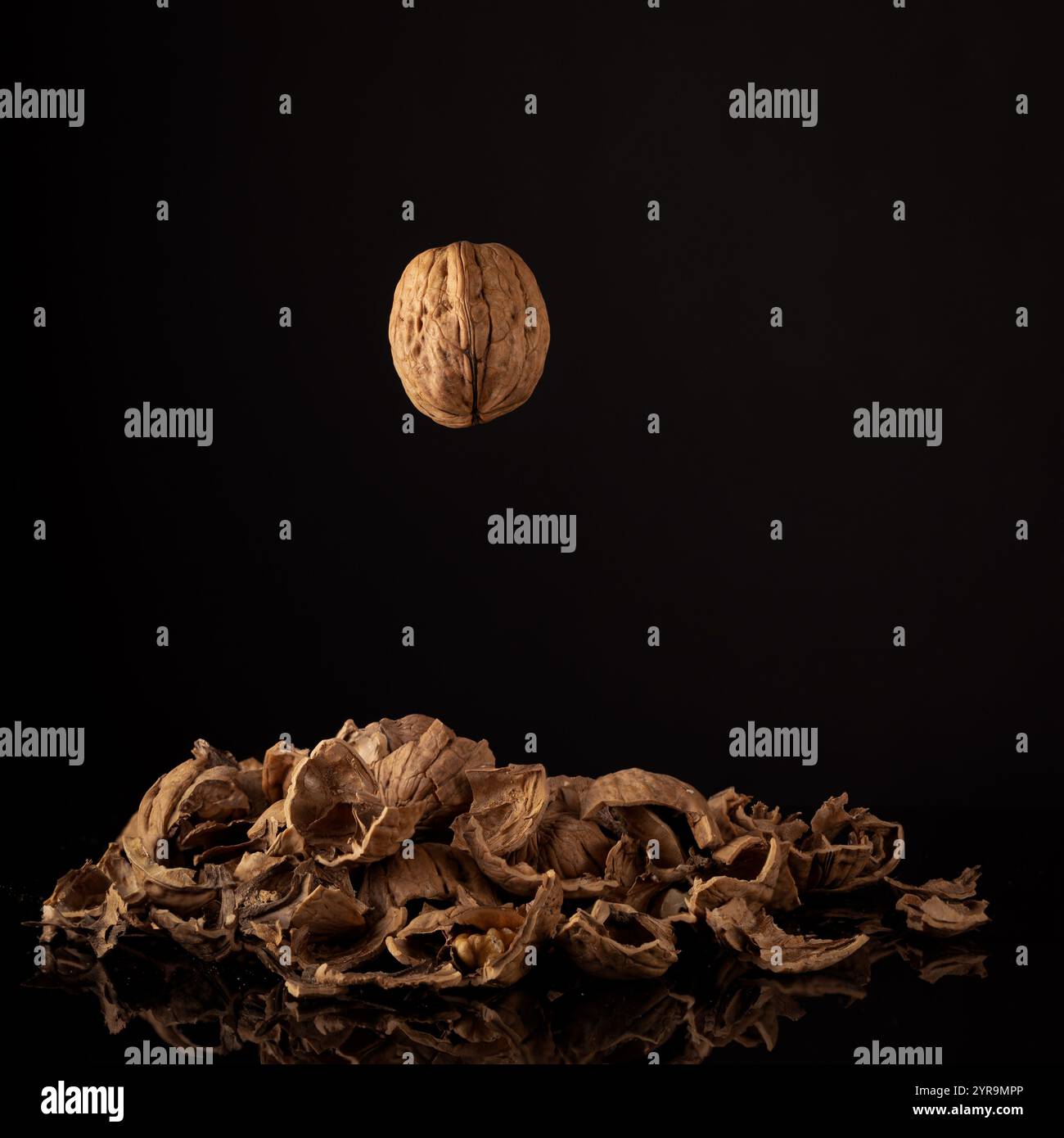 Flying walnut on a black background with walnut shells in frame. Focus stacked image. Stock Photo