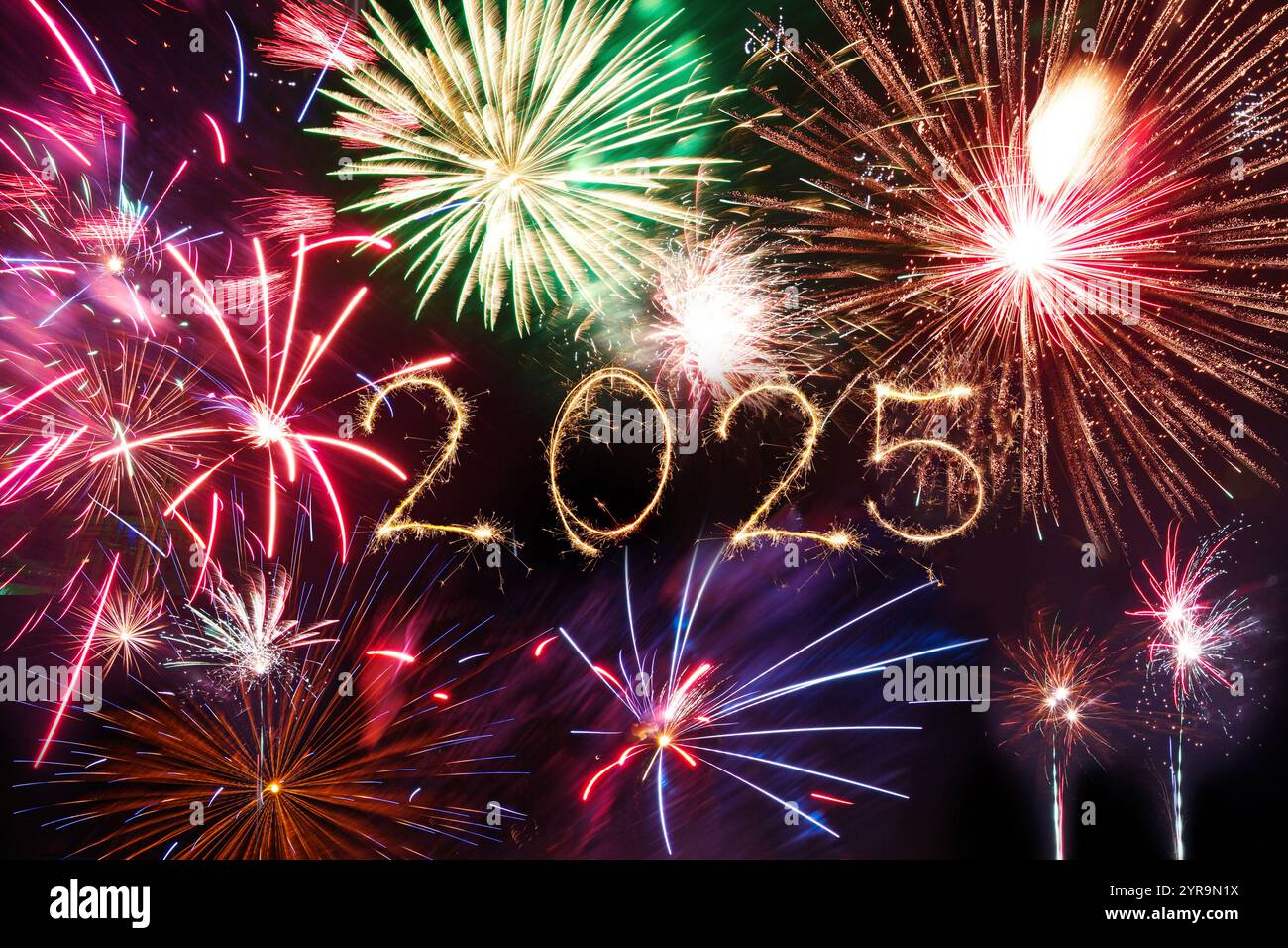 2025 Happy New Year written with Sparkle firework on black background ...