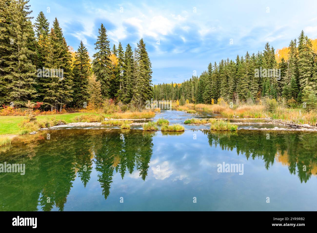 A beautiful lake with a forest in the background. The water is calm and ...