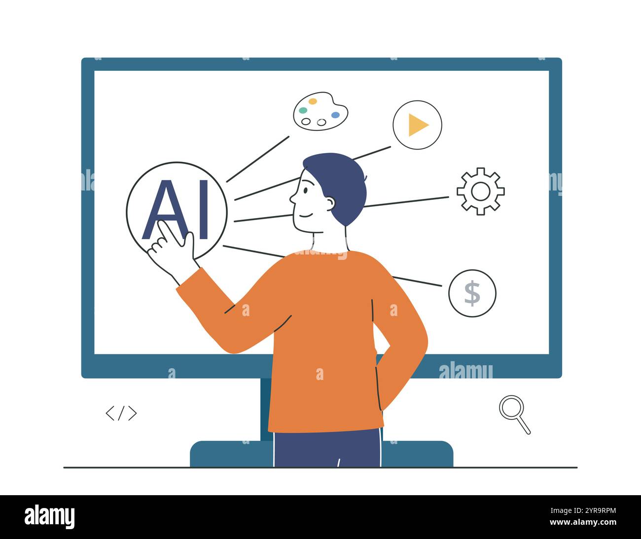 Artificial intelligence apps. Man with ai at computer. Virtual helper ...